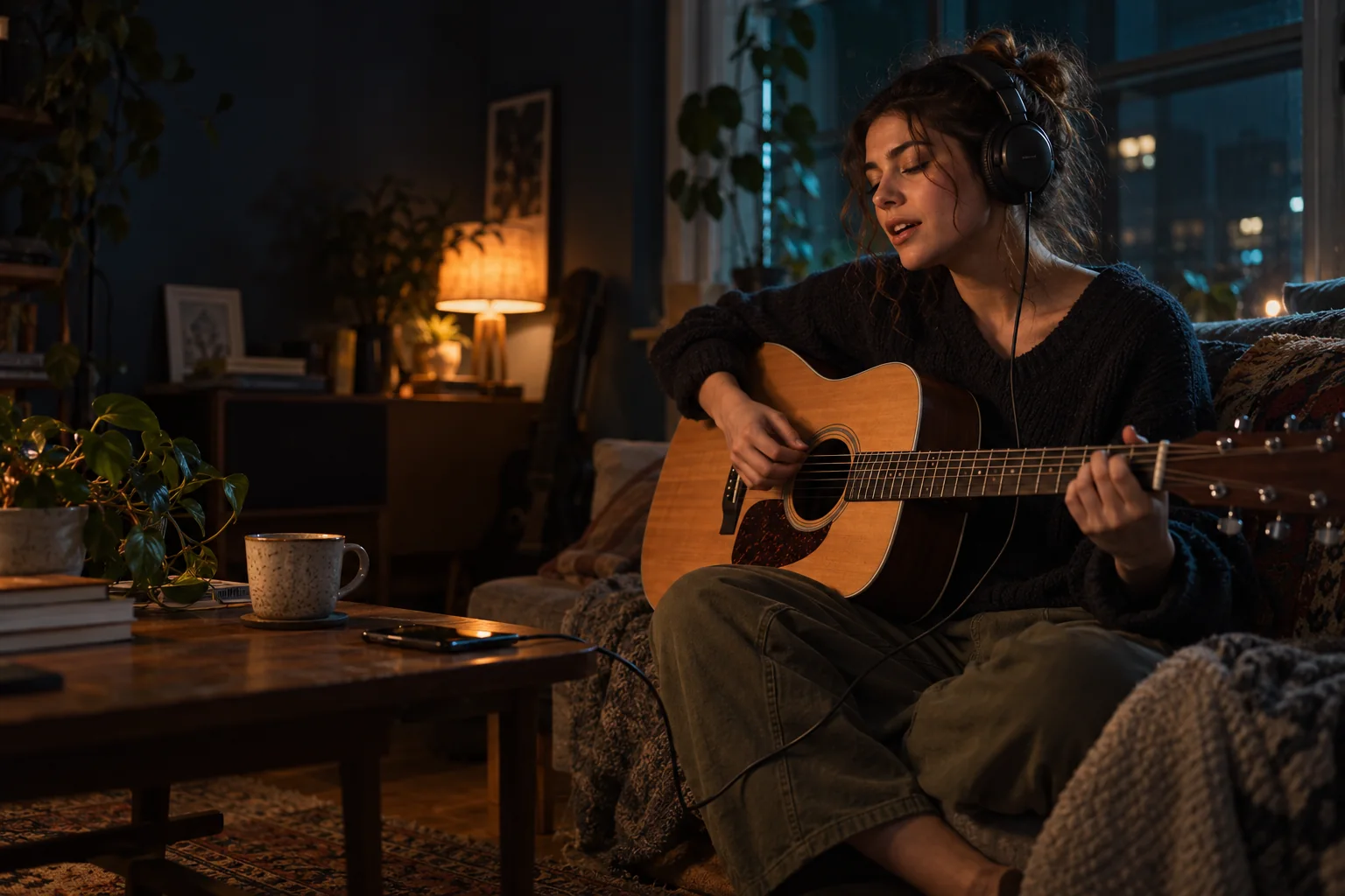A singer practicing acoustic guitar with headphones at home.